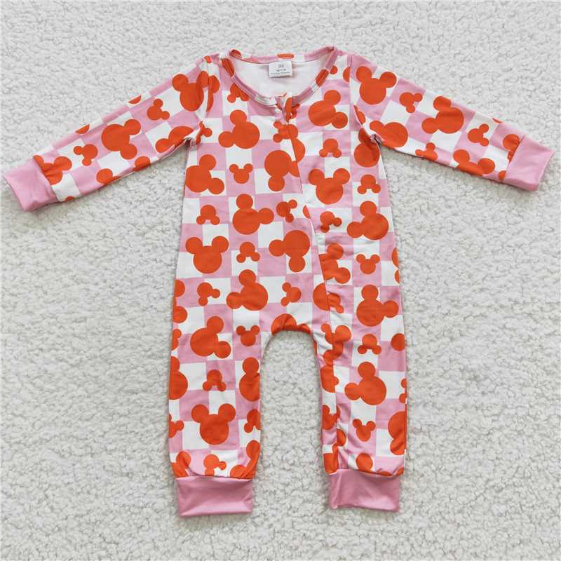 RTS LR0309 Cartoon Mickey print pink and white plaid zipper long-sleeved jumpsuit