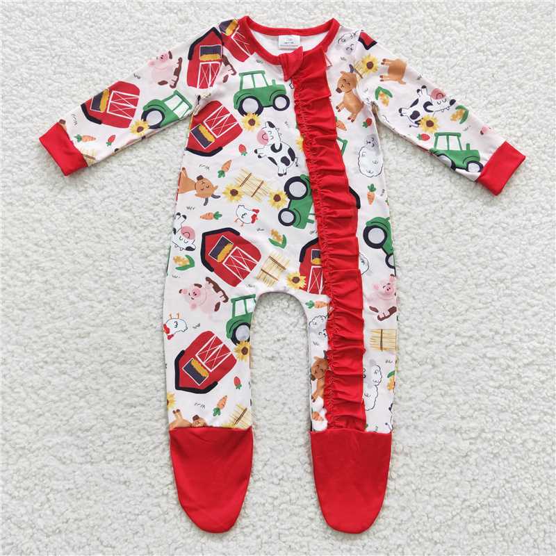 LR0378Cow pig sheep chicken baby girls zipper farm romper