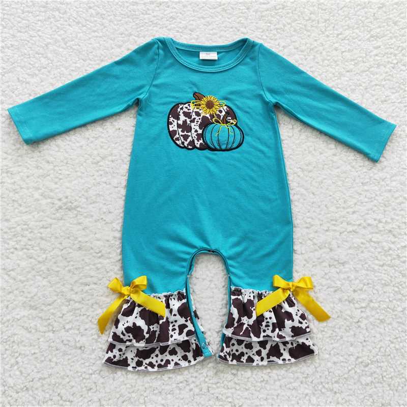 LR0354Turquoise cow pumpkin western baby girls fall romper