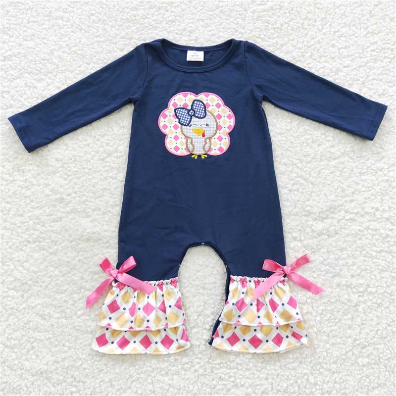 LR0326Navy turkey ruffle baby girls Thanksgiving romper