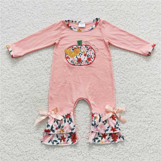 USA Shop (in stock)LR0278Floral pumpkin long sleeves baby girls fall romper