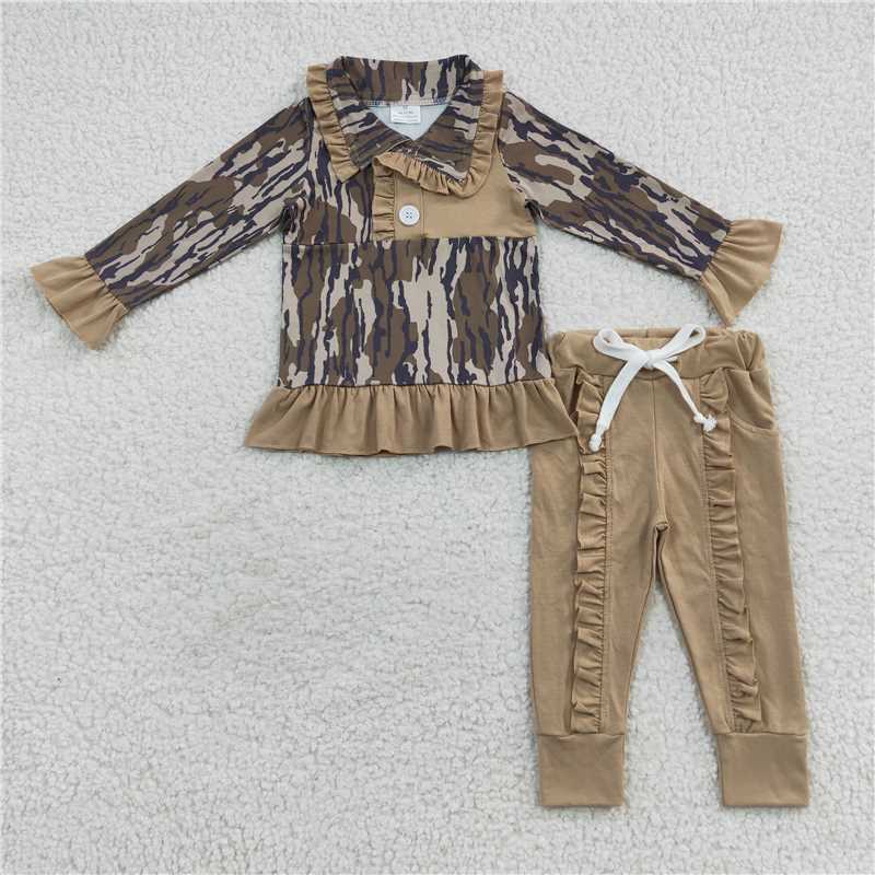 GLP0593Camo ruffle pullover pants kids girls clothing set