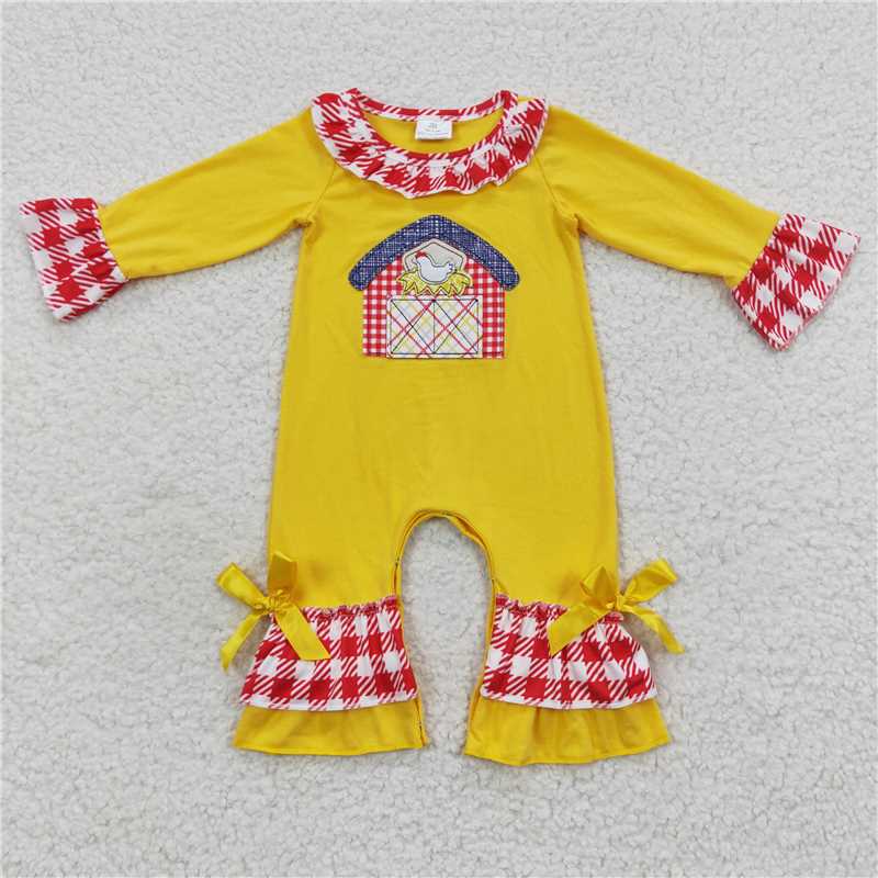 LR0383Chicken farm long sleeves ruffle baby girls romper