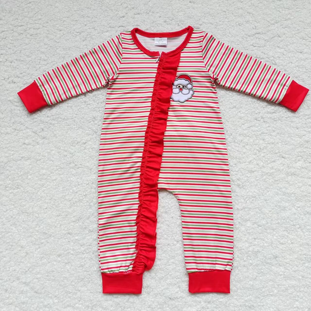 LR0441Santa red green stripe ruffle baby girls zipper Christmas romper