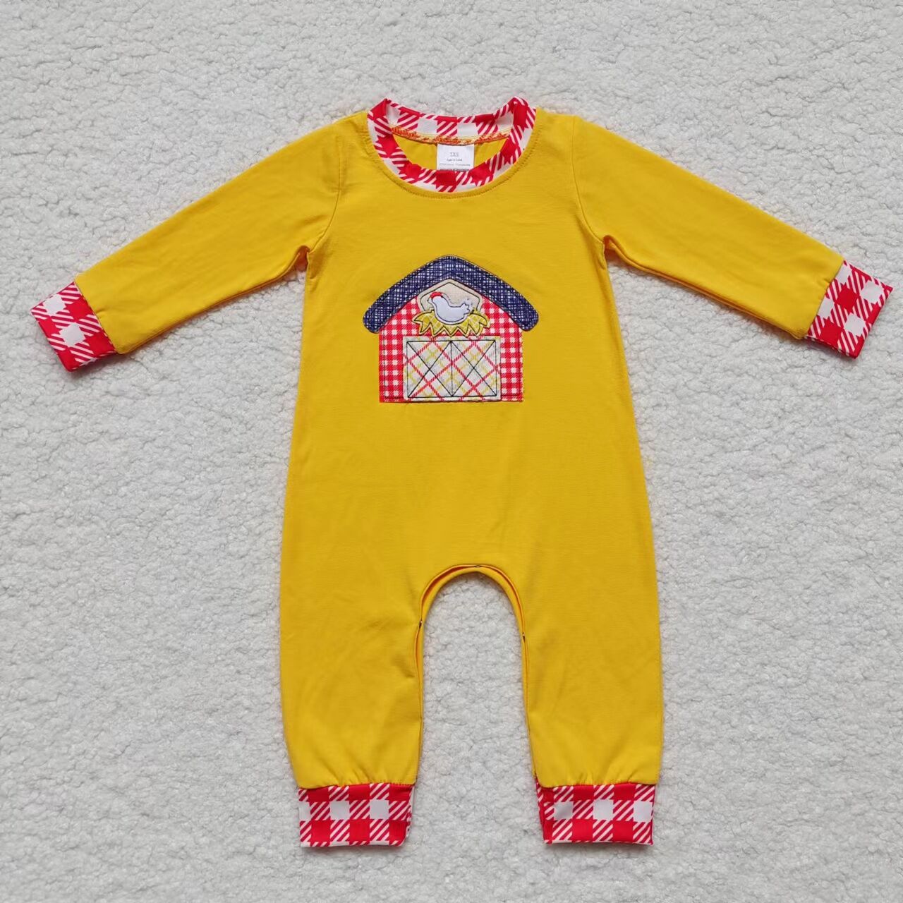 RTS LR0384 Embroidered farm chicken red house red plaid yellow long-sleeved jumpsuit