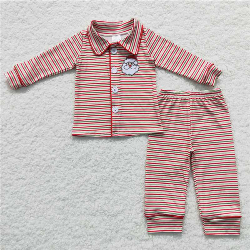 BLP0221Santa red green stripe baby kids Christmas pajamas