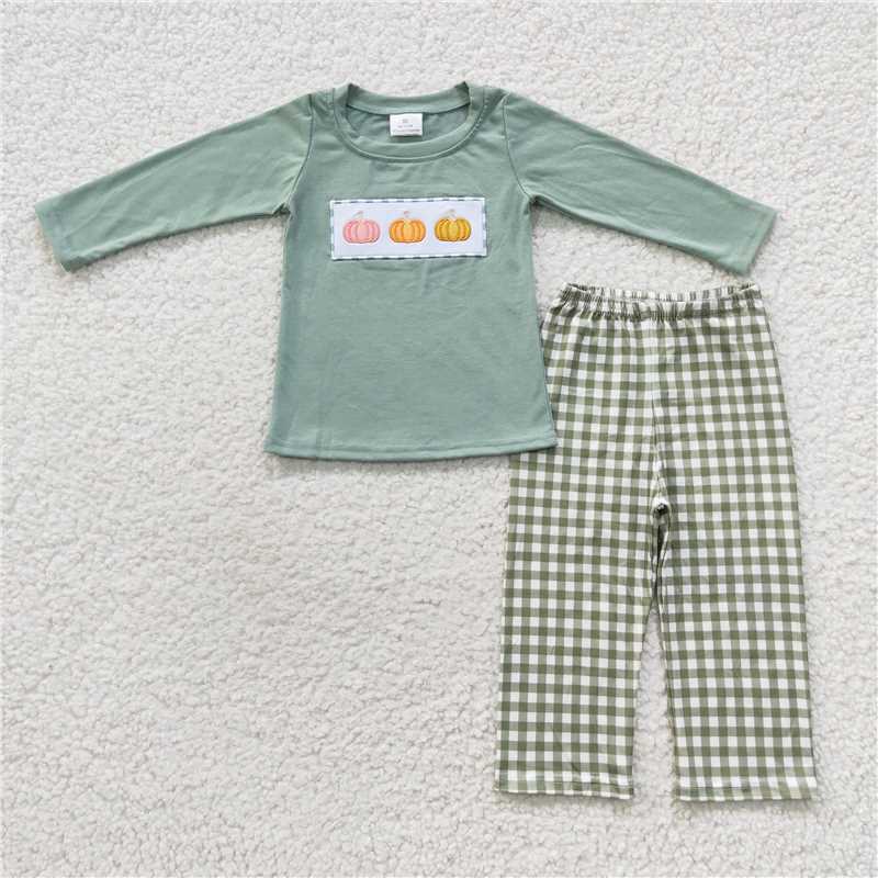BLP0226Pumpkin top plaid pants kids boy fall clothes