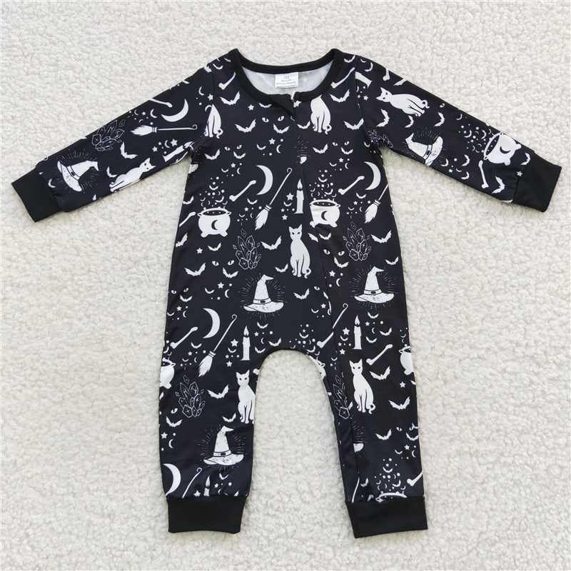 RTS LR0473 Cat Magic Broom Witch Moon Bat Black Zipper Long Sleeve Bodysuit