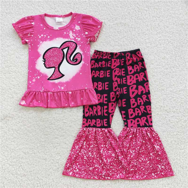 GSPO0786 Girls Barbie rose red short-sleeved sequined trousers suit
