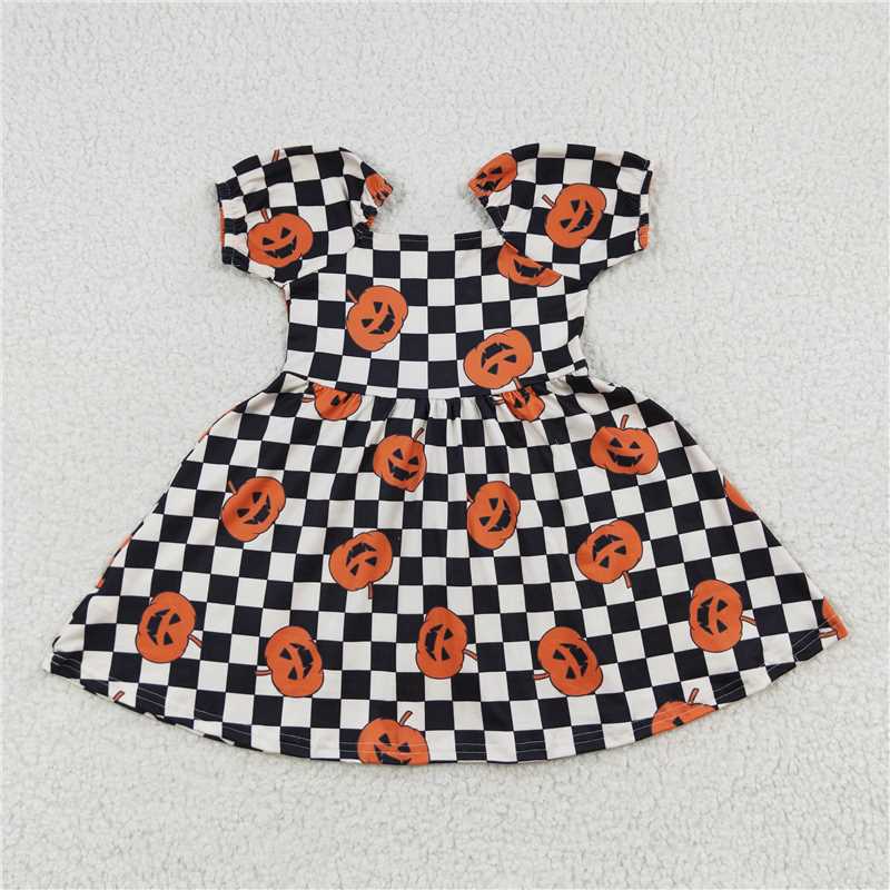 GLD0302 Short sleeves plaid pumpkin baby girls Halloween dress