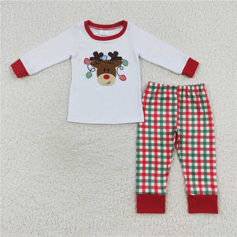 BLP0218Reindeer embroidery top plaid pants baby kids Christmas pajamas