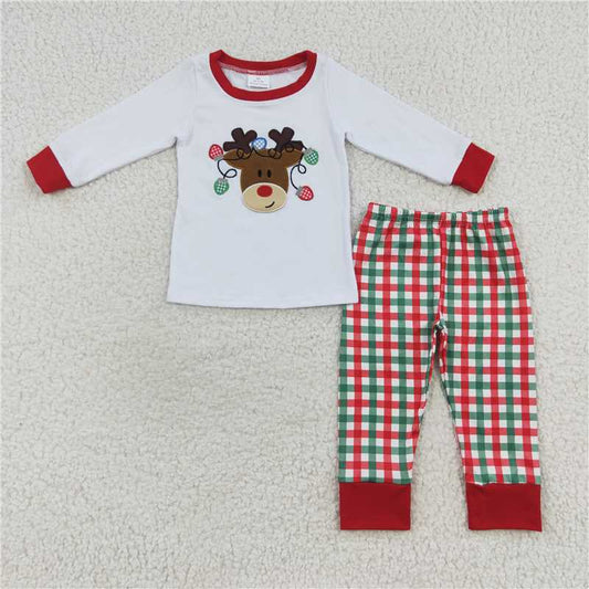 BLP0218Reindeer embroidery top plaid pants baby kids Christmas pajamas