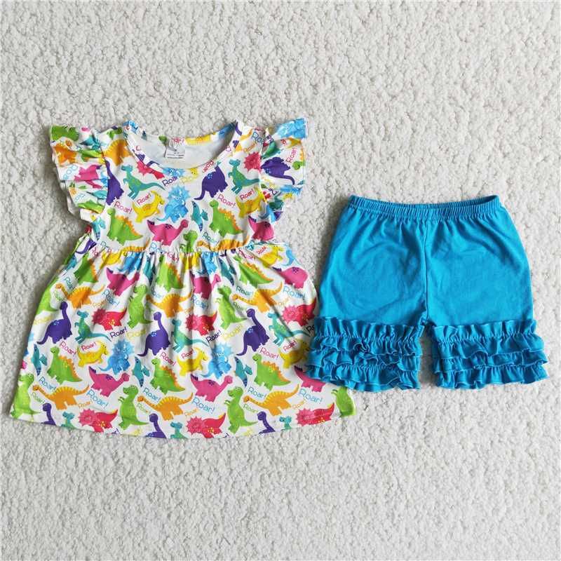 Colorful dinosaur ruffles shorts set