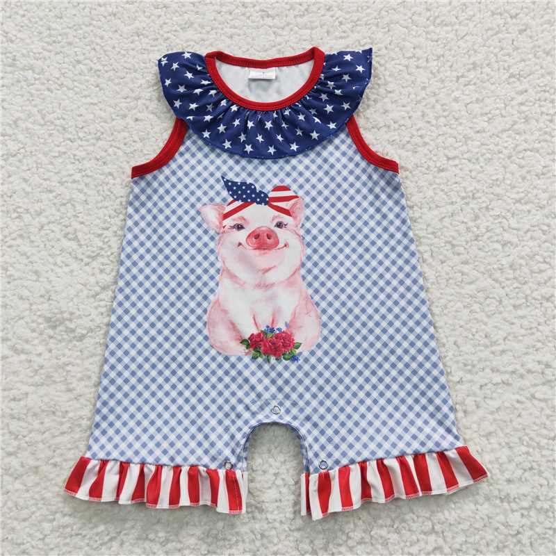 SR1105 4th of July Girls Flag Balloons Stars Fireworks White Vest Romper