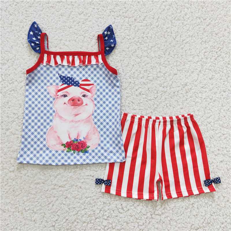 4th of July girls pig shorts sets