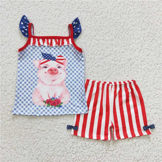 C4-11 4th of July Girl pig star striped shorts set