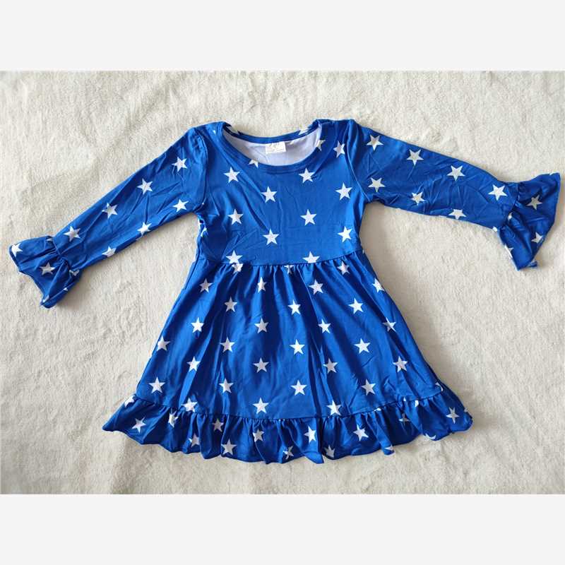 9.19 RTS NO MOQ(In stock)G2-20-5; Baby Girls Winter Dress White five-pointed star dark blue lace long-sleeved dress