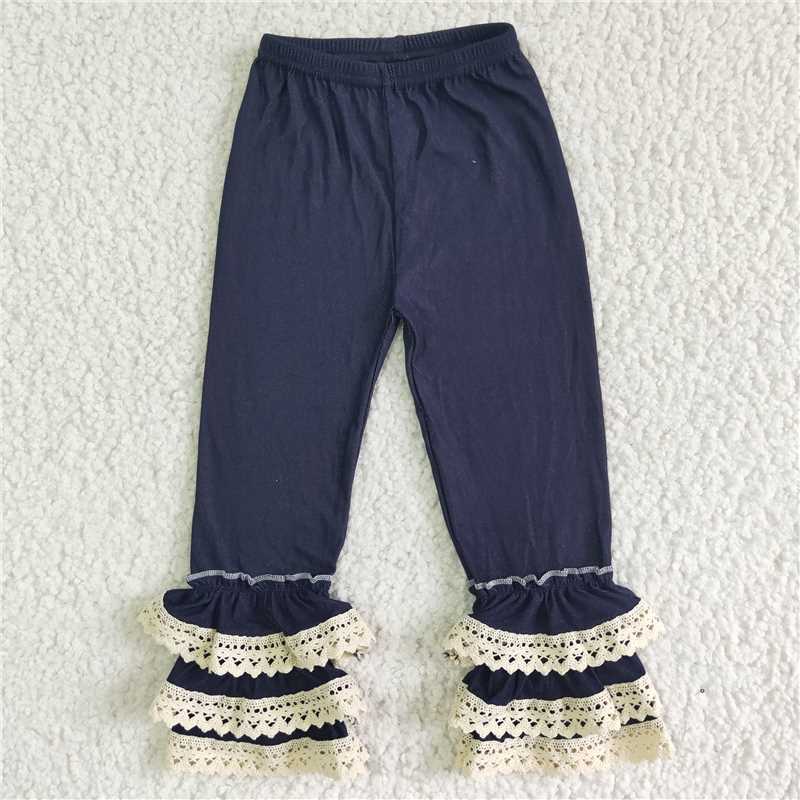 A4-15 Baby Girls Soft Denim Lace Triple Ruffle Pants