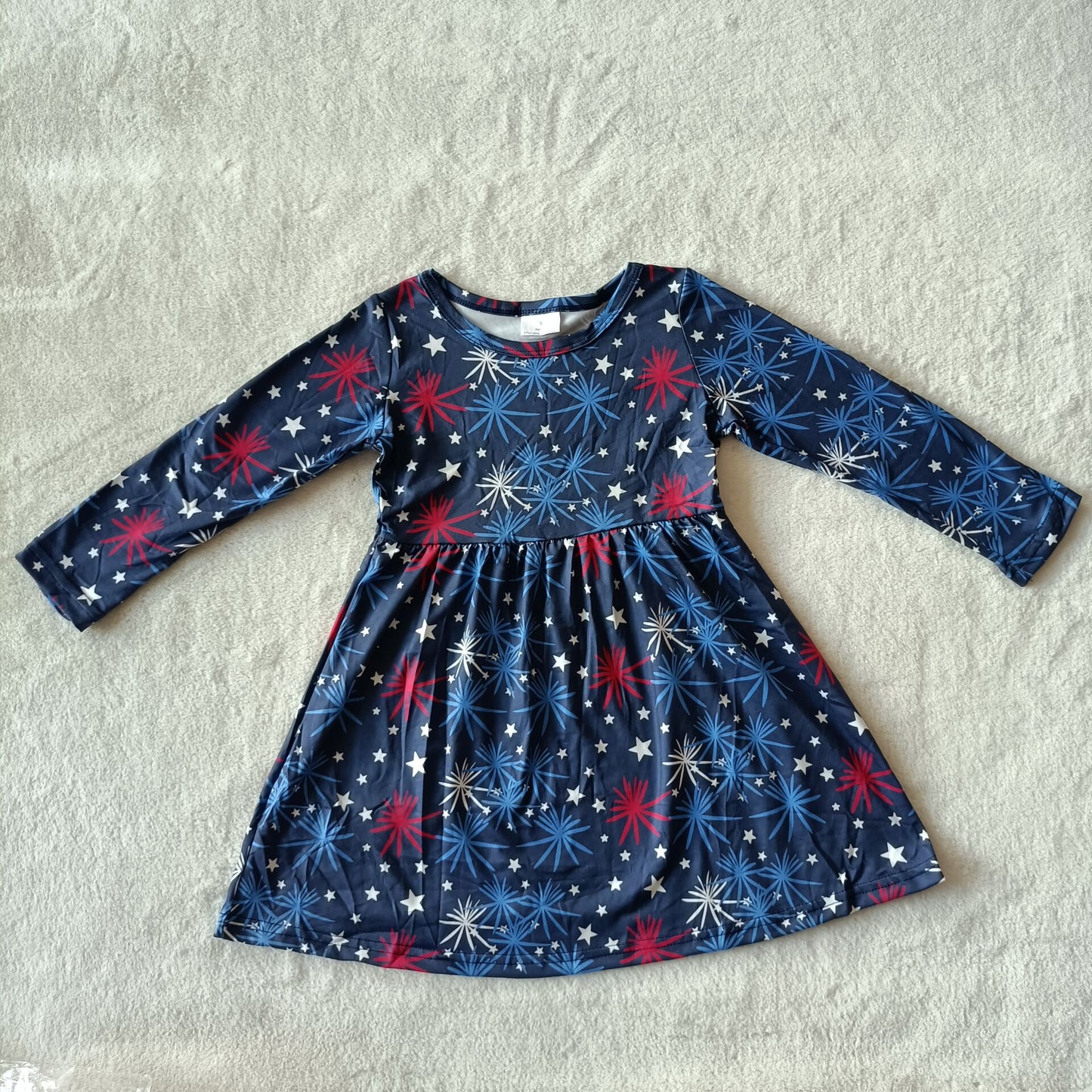 9.20 RTS NO MOQ(In stock)G3-16-2`` Baby Girls Winter Dress Star navy blue long-sleeved dress