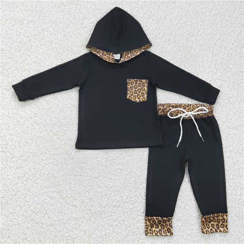 6 C7-16 Boys Yellow-spotted leopard print pocket black hoodie long-sleeved suit