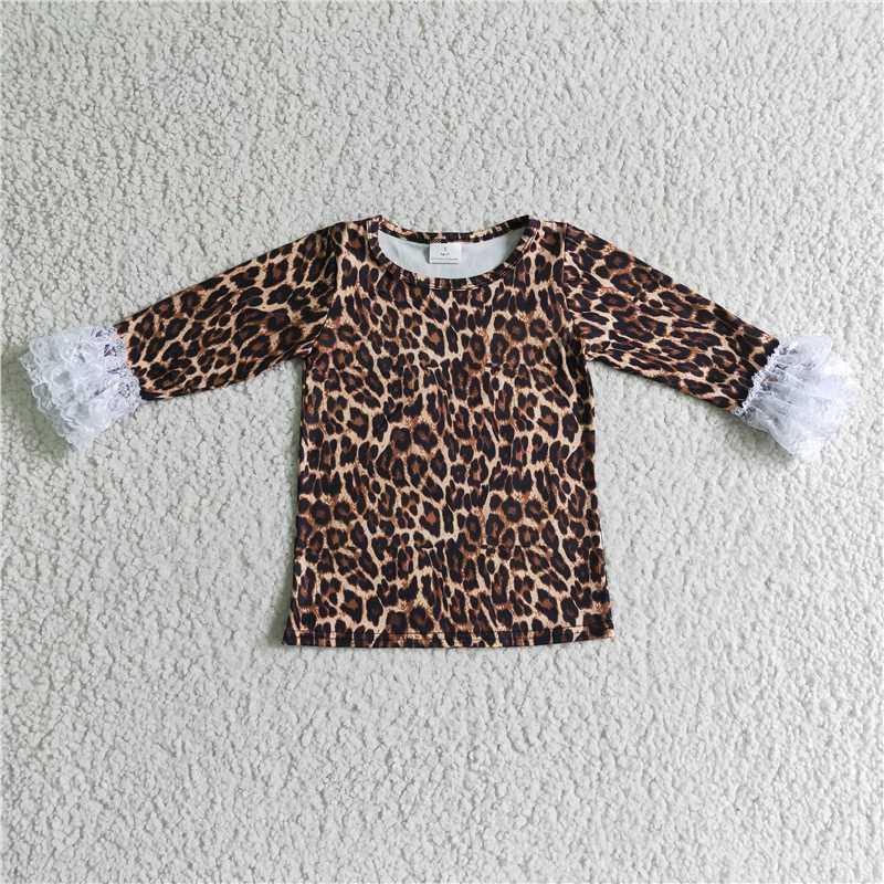 6 A23-4 Baby girls long sleeve leopard lace ruffle shirts