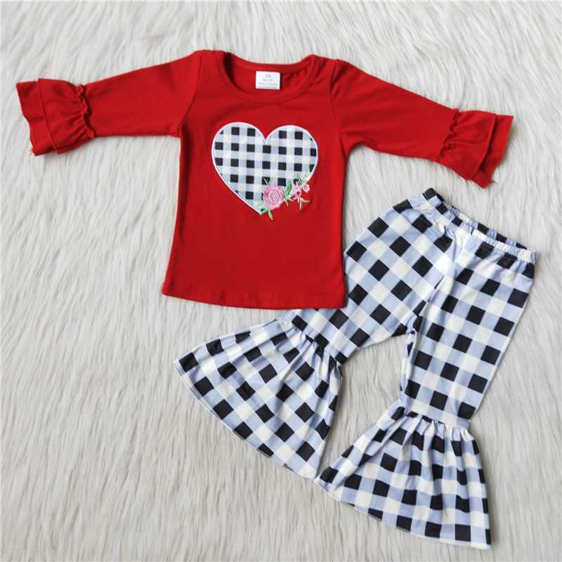 12.13 RTS NO MOQ (In stock)6 B11-36 Baby girls Valentines Hearts plaid bell bottom pants sets