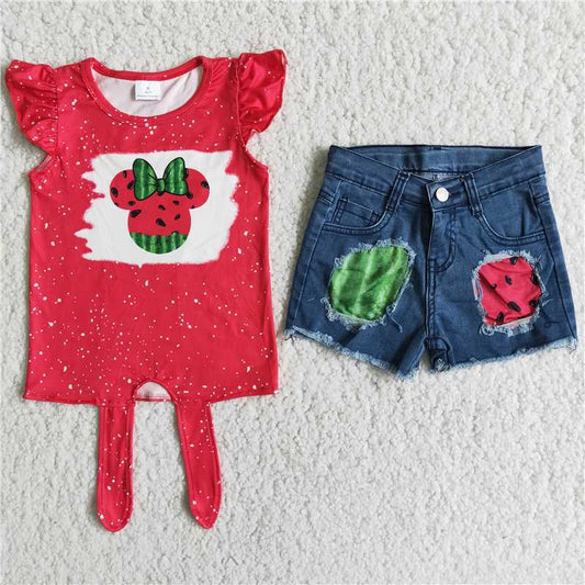 Watermelon screen print denim shorts girls clothing set