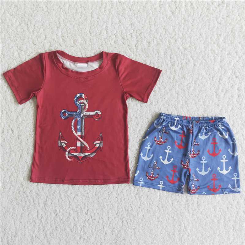C14-39 Sales New RTS No Moq Promotion 4th of July boys Anchor shorts sets
