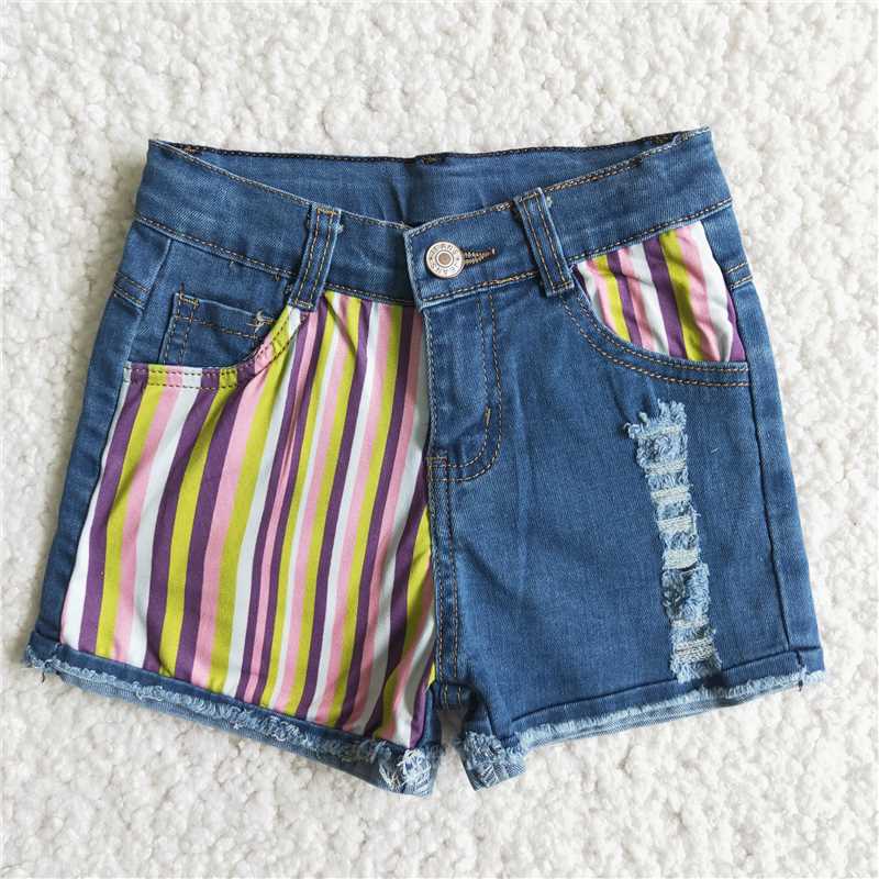 D6-4 Baby Girls half stripe blue denim shorts