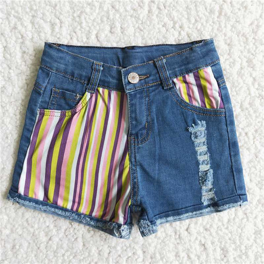 D6-4  Baby Girls half stripe blue denim shorts