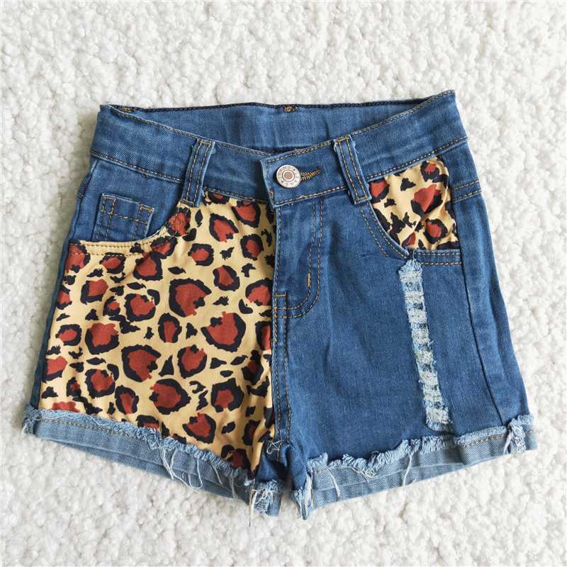 D5-14 Baby Girls half leopard blue denim shorts