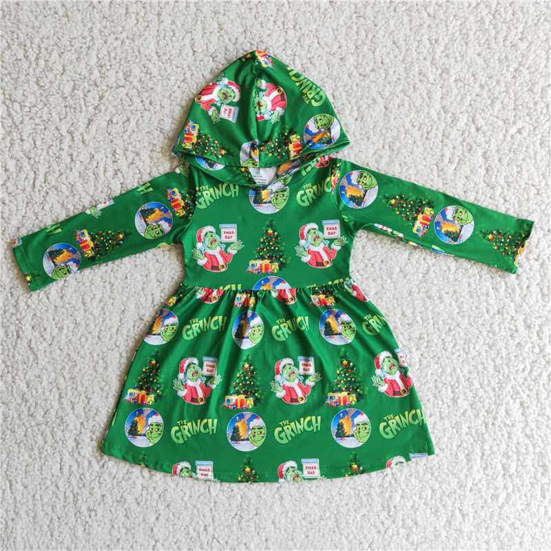 6 B10-24 Cartoon Christmas green Hoodie dress