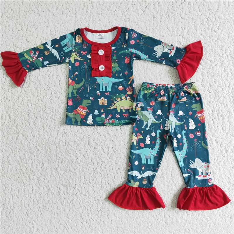 6 A4-28 Girls Christmas Dinosaur Pajamas