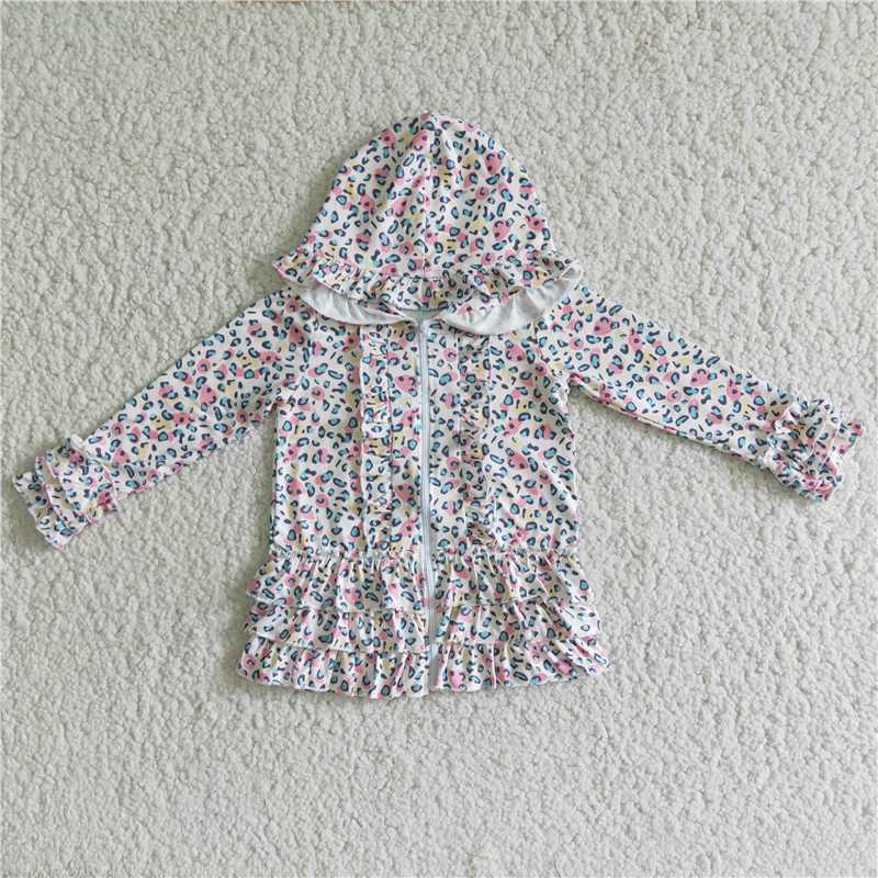 6 B1-16 White colorful leopard zipper girls ruffle hoodie cardigan