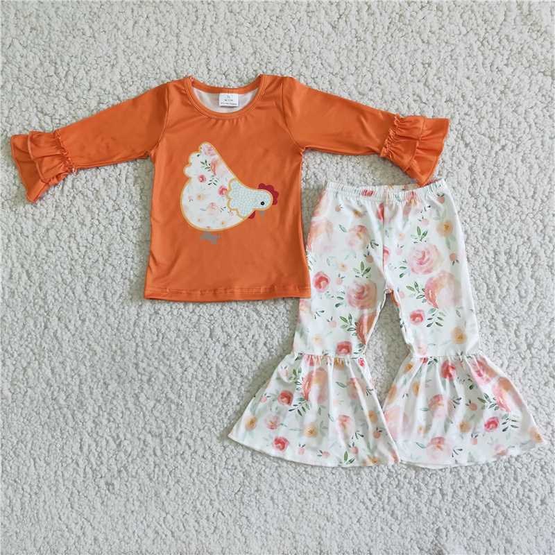 6 B2-24Floral chicken print shirt bell bottom pants girls outfits