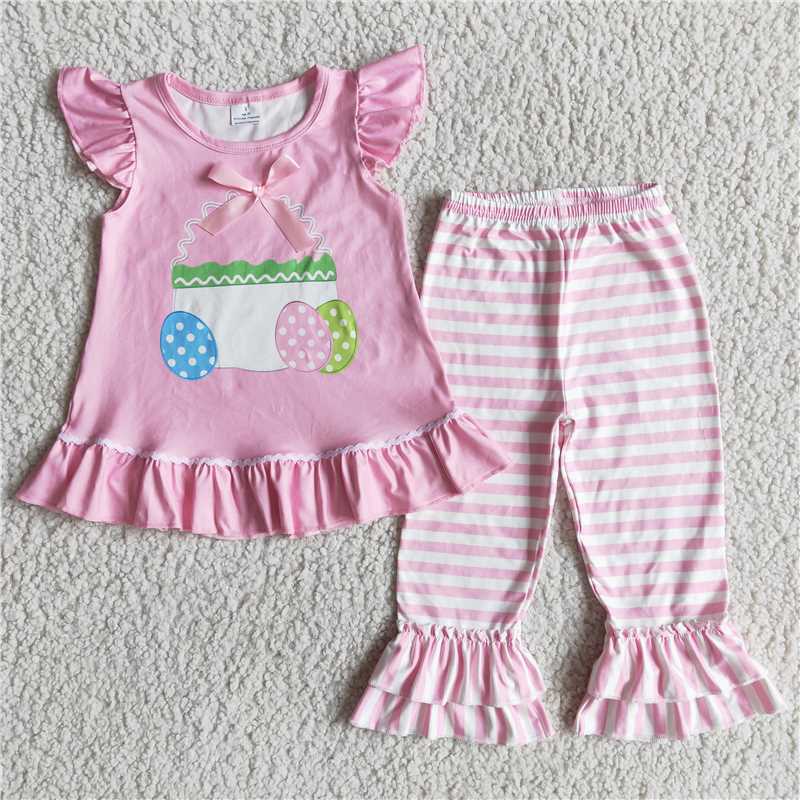 D1-13 Easter pink bow flying sleeves egg top striped trousers suit