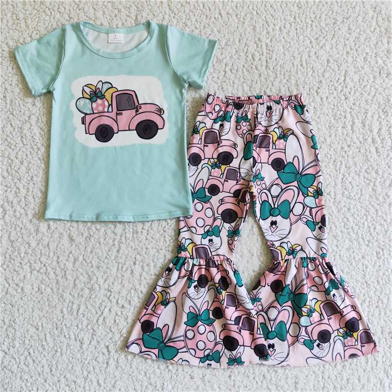 E10-14 Baby Girls easter tractor egg bell pants sets Regular