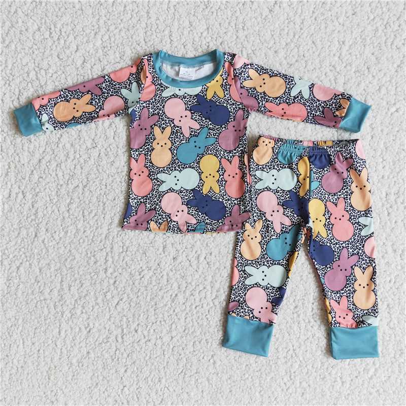 6 A29-4 Boys Easter Colorful Bunny Long Sleeve Long Pants Pajama Set