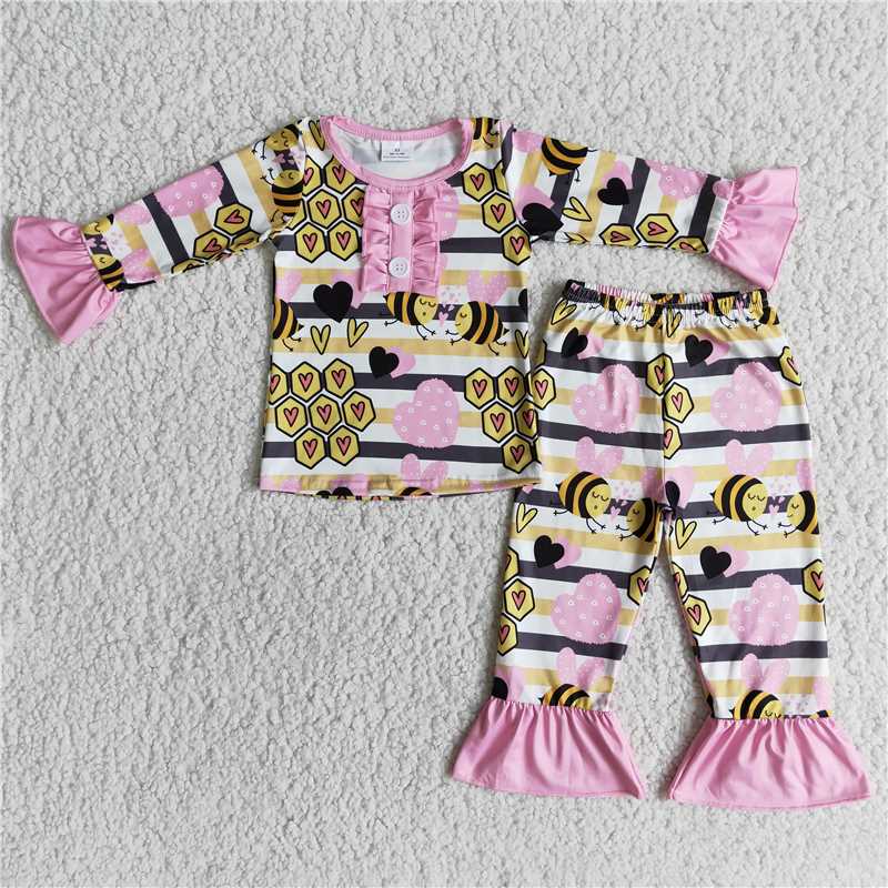 12.15 RTS NO MOQ (In stock)6 A31-2 Baby Girls Valentines honey bee ruffle pajamas sets