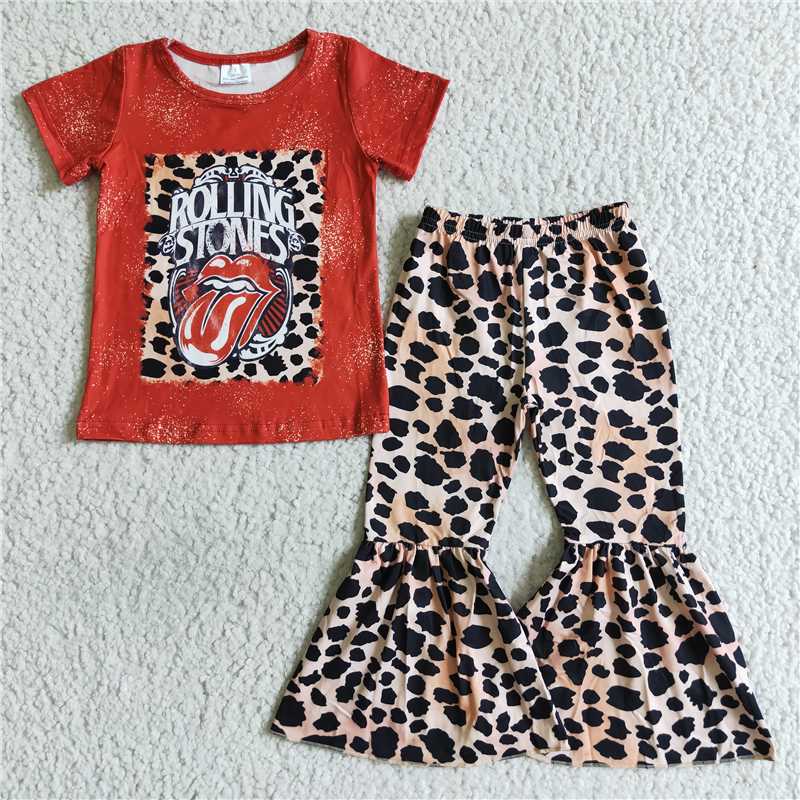 B0-1 B0-12Baby girls baseball short sleeve shirt bell bottom pants red clothing sets
