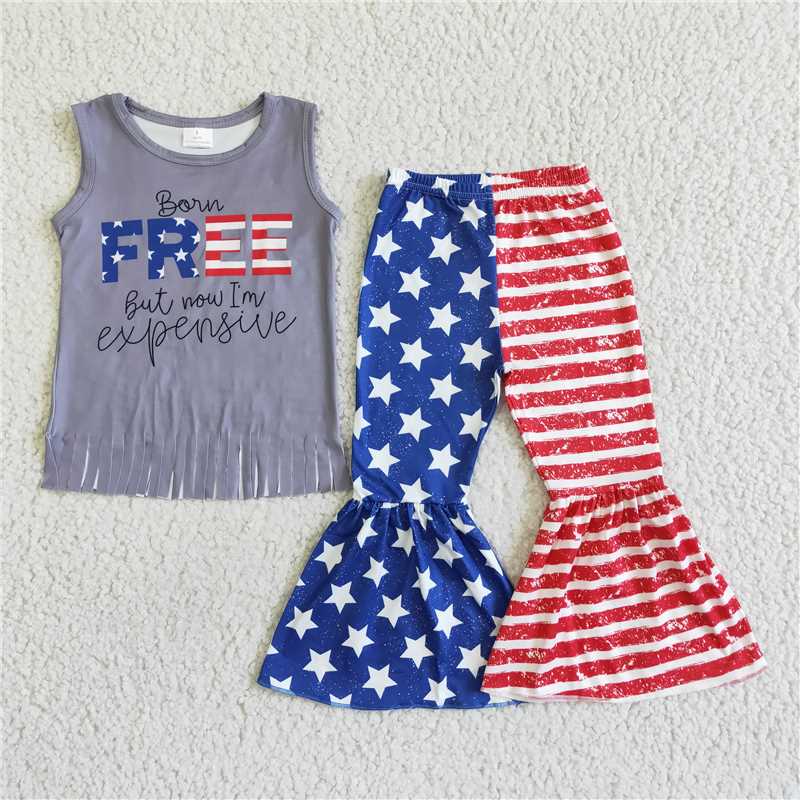 GSPO0050 Girls' FREE National Day Tassel Grey Sleeveless Pants Set