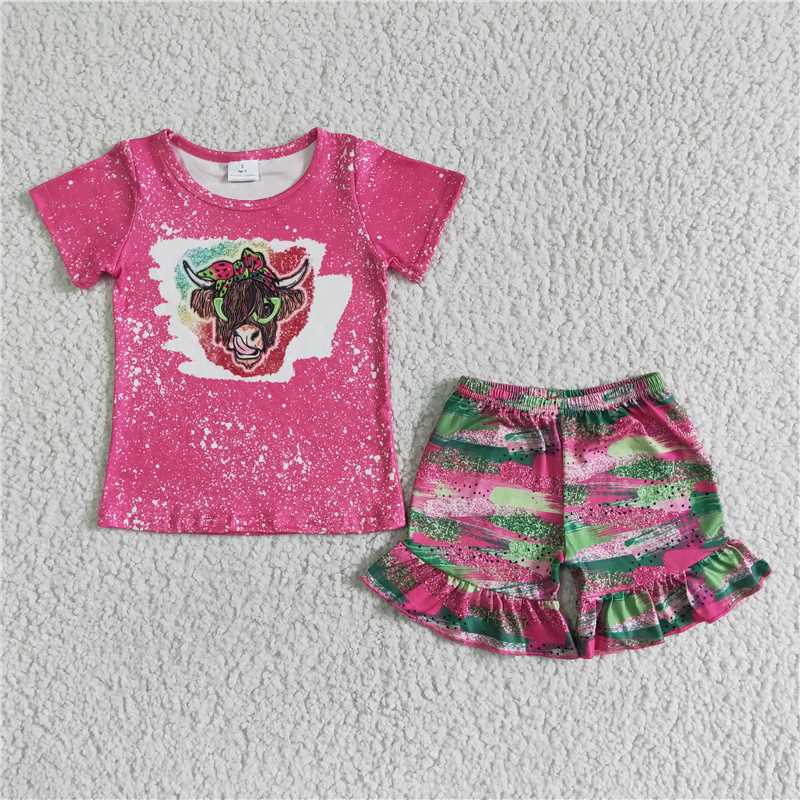 GSSO0074Highland cow shirt watermelon shorts girls summer clothes