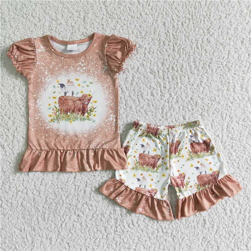 GSSO0083Highland cow shirt ruffle shorts girls boutique outfits