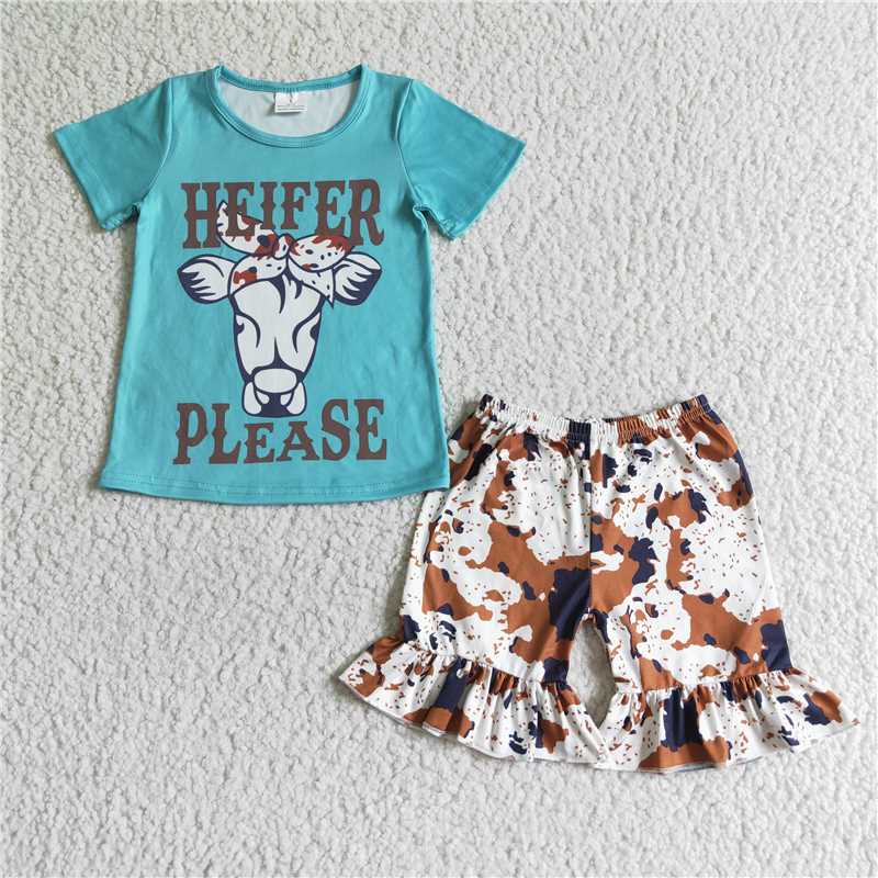 GSSO0031 heifer please bull head blue short-sleeved ink pattern shorts suit