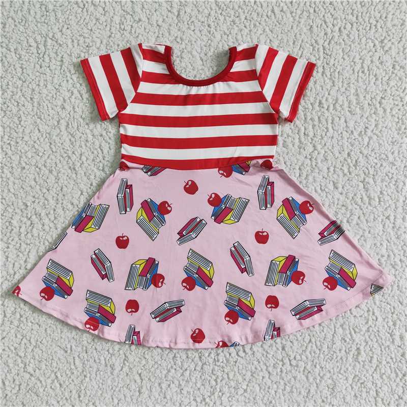 GSD0088 Girls' book apple red striped short-sleeved dress