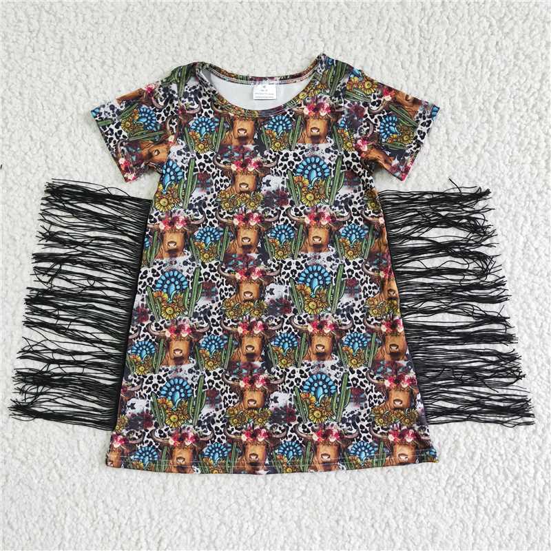 BT0007 Girls' short-sleeved leopard print sunflower tassel skirt