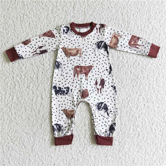 USA Shop (in stock)LR0058Polka dots cows long sleeve brown baby boy romper