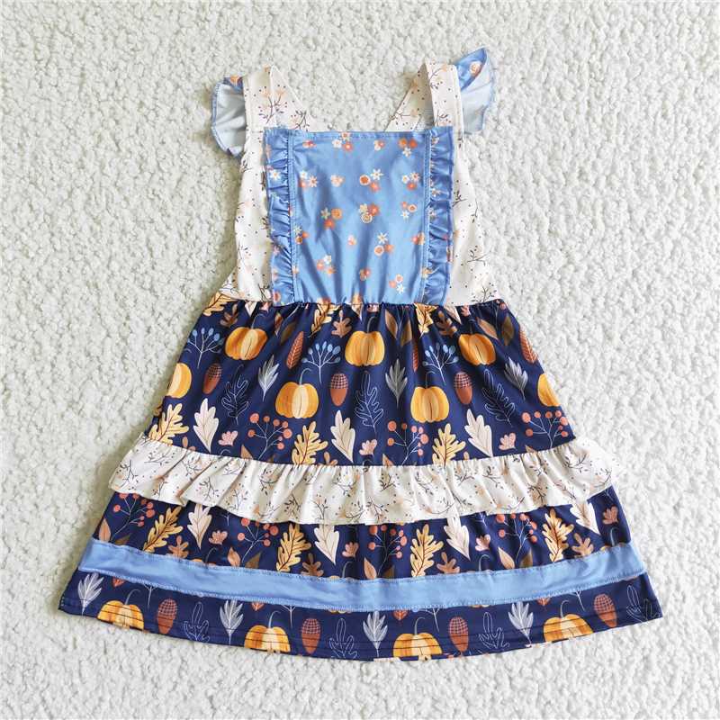 GSD0123 Pumpkin Leaves floral baby girls sleeveless fall dresses