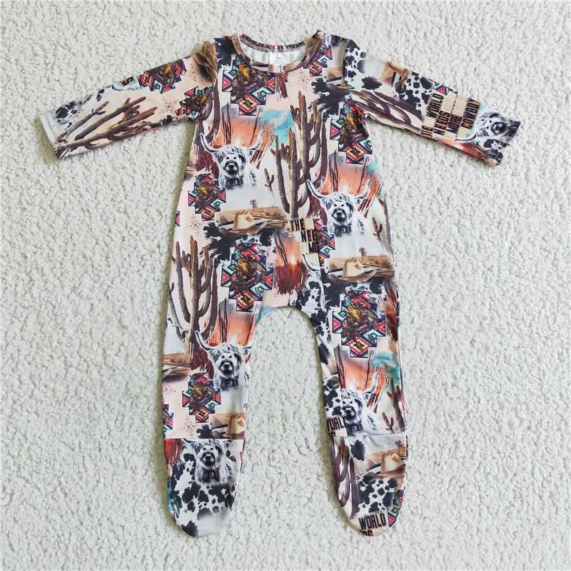 Baby kids western style bull head cactus long stockings romper
