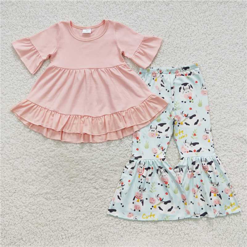 GSPO0115 Girls Farm Cow Pink Short Sleeve Pants Set